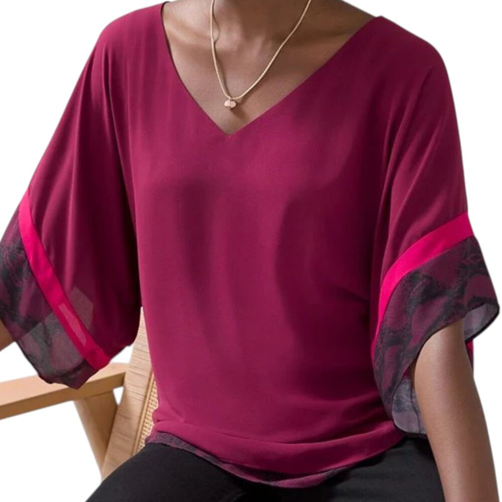 WHBM NWOT Kimono Sleeve Blouse Maroon Pinot Red Snakeskin Pattern Lining - Picture 2 of 9